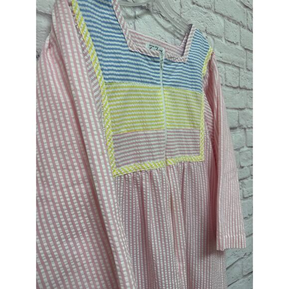 Saybury Vintage Zip Up Housecoat Robe Pink Blue Yellow Stripes SZ MED - Picture 2 of 4
